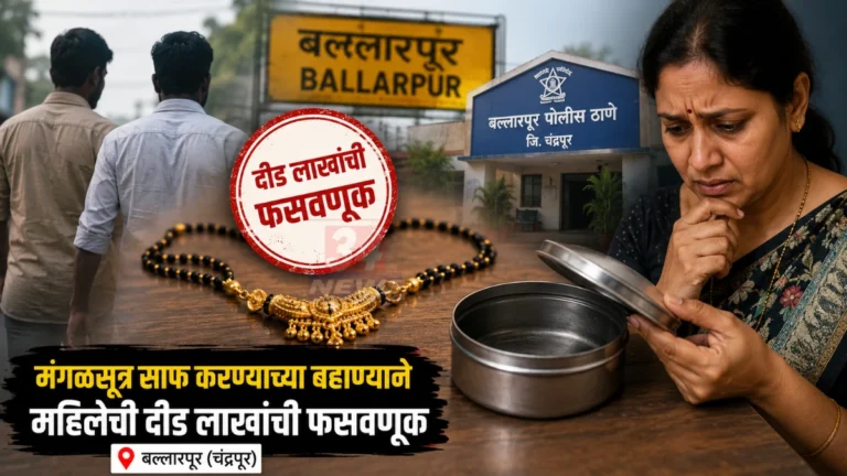 Gold Mangalsutra Fraud प्रकरणात बल्लारपूर चंद्रपूर येथे महिलेला मंगळसूत्र साफ करण्याच्या बहाण्याने फसवणूक झाल्याचे दृश्य.