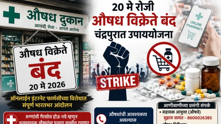 Medical Store Strike पार्श्वभूमीवर चंद्रपूरमध्ये औषध पुरवठा सुरळीत ठेवण्यासाठी प्रशासनाची तयारी दर्शवणारे प्रतीकात्मक दृश्य.