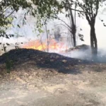 Garbage Fire मुळे चंद्रपूरच्या गणेश नगर परिसरात लागलेली भीषण आग विझवताना नागरिक आणि अग्निशामक दलाचे प्रयत्न.