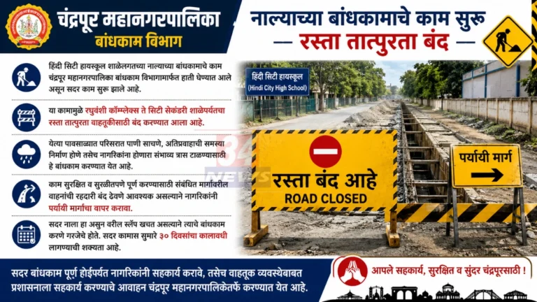 Drain Construction Chandrapur अंतर्गत चंद्रपूर शहरातील हिंदी सिटी हायस्कुल परिसरात सुरू असलेले नाला बांधकाम कार्य.
