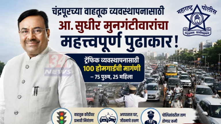Chandrapur Traffic Management संदर्भात चंद्रपूर शहरातील वाहतूक कोंडी आणि ट्रॅफिक नियंत्रणासाठी होमगार्ड नियुक्तीचे प्रतीकात्मक दृश्य