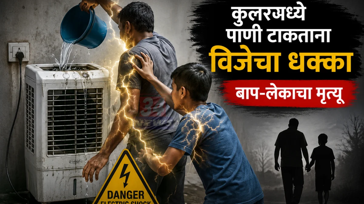 Cooler Electric Shock घटनेनंतर चंद्रपूरच्या इंदिरानगर परिसरात कुलरजवळ नागरिकांची गर्दी आणि दुर्दैवी घटनेचे दृश्य.
