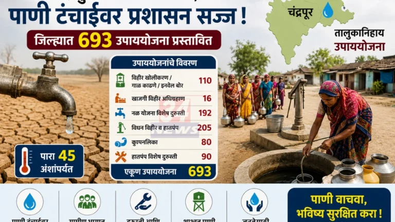 water scarcity chandrapur मुळे ग्रामीण भागातील नागरिक पाण्यासाठी त्रस्त असून प्रशासनाकडून विविध उपाययोजना सुरू असल्याचे दृश्य.