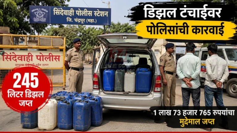 Diesel Shortage पार्श्वभूमीवर सिंदेवाही येथे पोलिसांनी कारमधून २४५ लिटर डिझल जप्त करताना दाखविणारे प्रतीकात्मक दृश्य.
