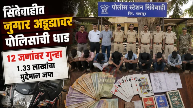 Sindewahi Gambling Raid प्रकरणात सिंदेवाही पोलिसांनी शिवणी गावाजवळ जुगार अड्ड्यावर धाड टाकून आरोपींना ताब्यात घेतल्याचे दृश्य