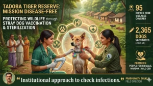 Tadoba Dog Vaccination मोहिमेदरम्यान चंद्रपूरातील ताडोबा बफर क्षेत्रात भटक्या कुत्र्यांचे लसीकरण करतानाचे दृश्य