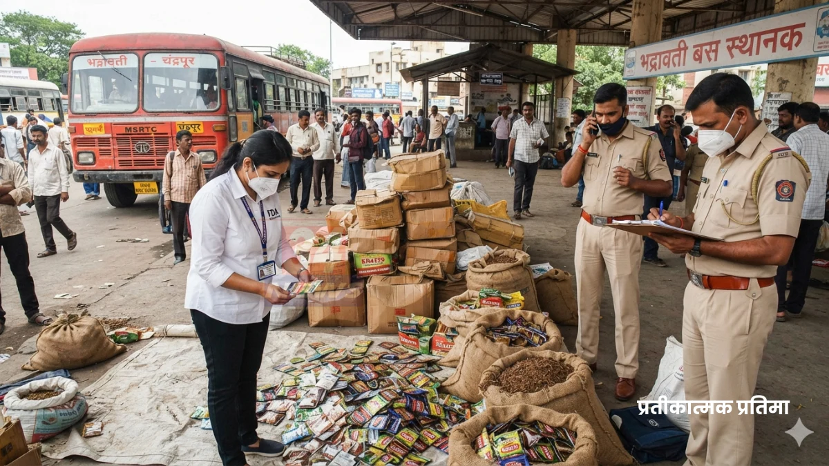 बसस्थानकासमोरील दुकानातून उघड झाला हजारो रुपयांचा अवैध तंबाखू व्यवसाय! Bhadravati Kharra Raid मध्ये जप्त केलेला प्रतिबंधित खर्रा व तंबाखू साठा