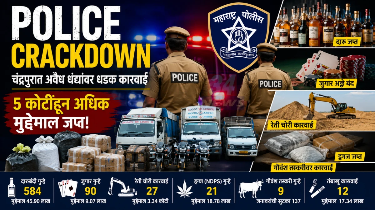 Police Crackdown: चंद्रपुरात अवैध धंद्यांवर धडक; 5 कोटींचा मुद्देमाल जप्त