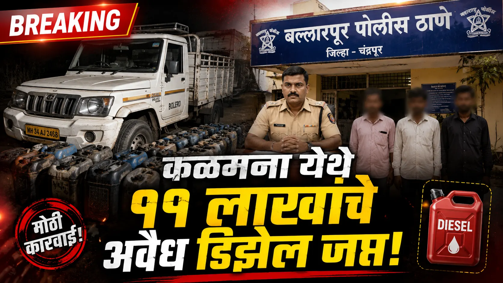 Ballarpur Illegal Diesel Seized - बल्लारपूर पोलिसांची कळमना गावात डिझेल साठ्यावर मोठी कारवाई
