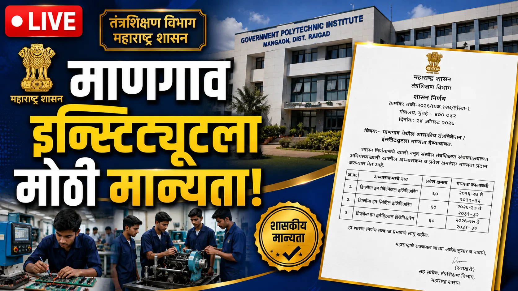 Maharashtra Shasan GR Mangaon Institute DG Tatkare Technical Courses
