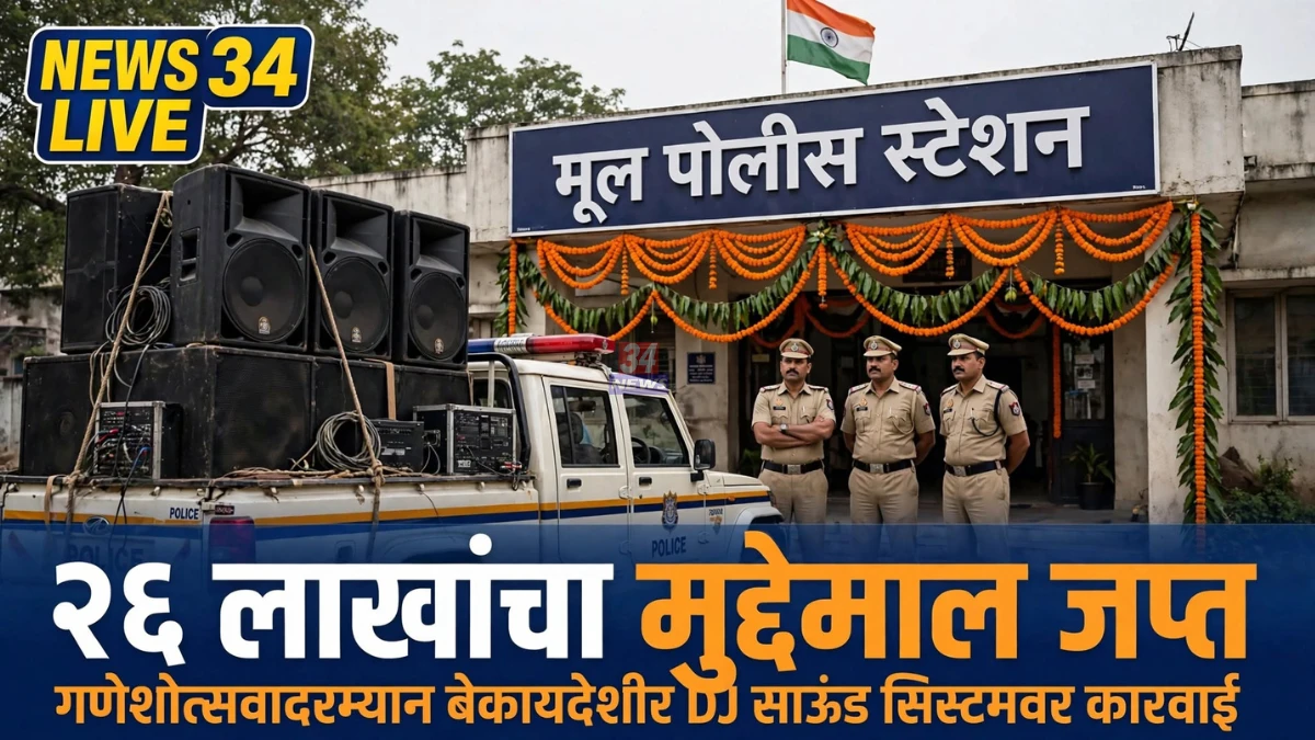मूल पोलिसांनी जप्त केलेली डीजे साऊंड सिस्टिम व वाहने (Mul Police DJ Action)