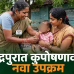 चंद्रपूर पोषण कार्यक्रम राबविणाऱ्या अंगणवाडी सेविका बालकाचे वजन नोंदवताना