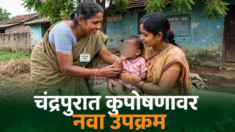 चंद्रपूर पोषण कार्यक्रम राबविणाऱ्या अंगणवाडी सेविका बालकाचे वजन नोंदवताना