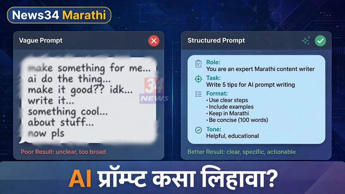AI प्रॉम्प्ट कसा लिहावा हे शिकण्यासाठी लॅपटॉपवर AI टूलमध्ये सूचना टाइप करताना व्यक्ती