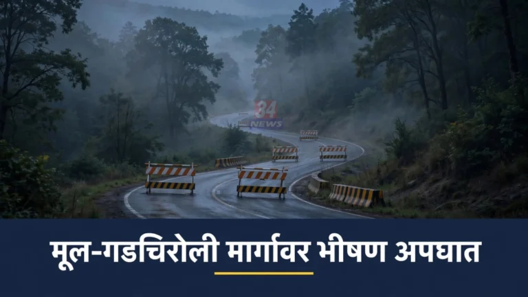 मूल गडचिरोली महामार्ग अपघात झालेले आकापूरजवळील वळण आणि कोसळलेले बेरीकेट